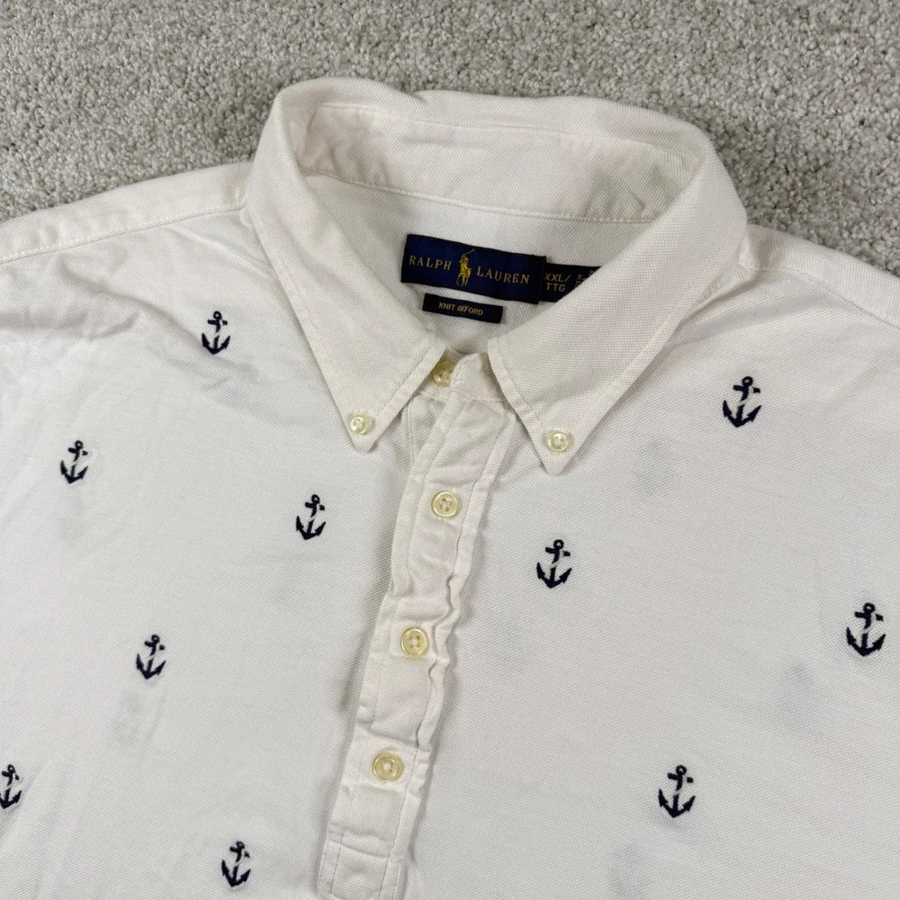 Ralph‎ Lauren Polo Shirt Mens XXL White Anchor Print Knit Oxford Short Sleeve